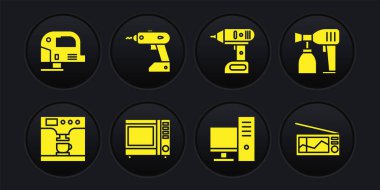 Kahve makinesi, bardak, boya spreyi, mikrodalga fırın, bilgisayar monitörü, kablosuz tornavida ve ikon ayarla. Vektör