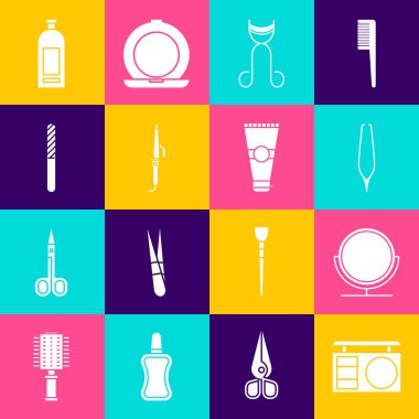 Göz farı paleti, yuvarlak makyaj aynası, kaş cımbızı, kirpik bigudisi, saç maşası, tırnak törpüsü, şampuan şişesi ve losyon kozmetik tüp ikonu. Vektör