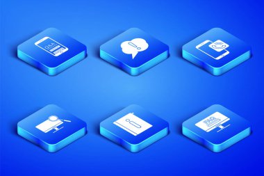 SSS bilgisi, Mobil Soru ve Ünlem, Kullanıcı Kılavuzu, Bilgisayar monitörü teşhisi, konuşma balonu ve telefon arama simgesi ile monitörü ayarla. Vektör