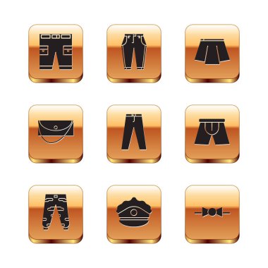 Set Short or pants, Camouflage cargo, Police cap with cockade, Pants, Clutch bag, Skirt, Bow tie and icon. Vector
