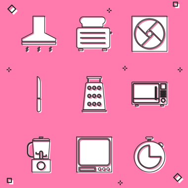 Mutfak sökücü fanı, tostlu tost makinesi, havalandırma, bıçak, rende, mikrodalga fırın, blender ve elektronik ölçekli ikon hazırla. Vektör