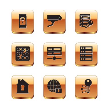 Mobil 'i kapalı asma kilitli, Ev koruma altında, Küresel kilitleme, Sunucu, Veri, Web Sunucu, Grafik parola, güvenlik anahtarı, Kripto para birimi ve Güvenlik kamerası simgesi ile ayarla. Vektör