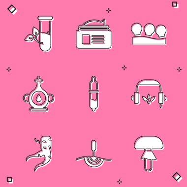Laboratuvar camları ve yaprakları, merhem kremi tüpü, vakum kutuları, yağ şişesi, Pipette, meditasyon için kulaklık, zencefil kökü ve akupunktur terapi ikonu. Vektör