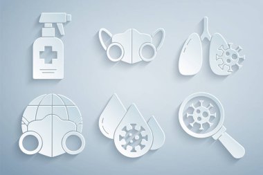 Kan testi ve virüsü, akciğerde virüs hücrelerini, tıbbi maskeli Dünya 'yı büyüteç, tıbbi koruyucu ve sıvı antibakteriyel sabun ikonu altında tutun. Vektör