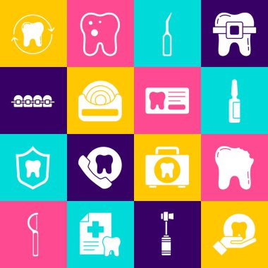 Set Tooth, Broken tooth, Painkiller tablet, Dental explorer scaler, floss, Teeth with braces, whitening and card icon. Vector