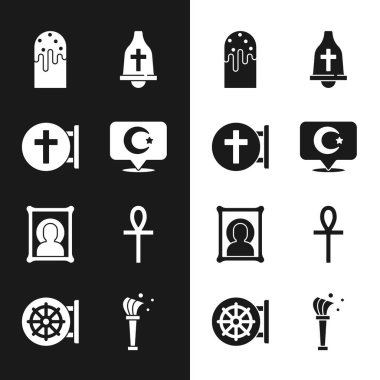 Set Star ve Hilal, Hristiyan haçı, Paskalya pastası, kilise çanı, ikon, Cross Ankh, Aspergillum ve Dharma tekerleği ikonu. Vektör