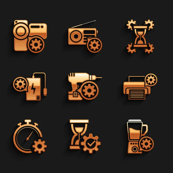 Set Drill machine setting, Hourglass, Blender with bowl, Printer, Time management and Power bank icon. Vector — Image vectorielle