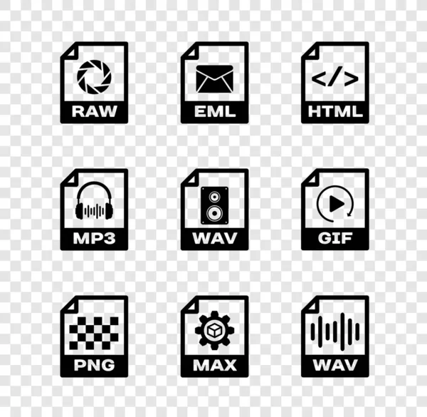 Establecer documento de archivo RAW, EML, HTML, PNG, MAX y WAV icono. Vector — Archivo Imágenes Vectoriales