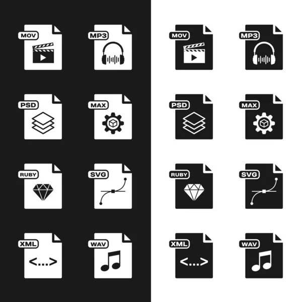 Set MAX file document, PSD, MOV, MP3, RUBY, SVG, WAV and XML icon. Vector — Image vectorielle