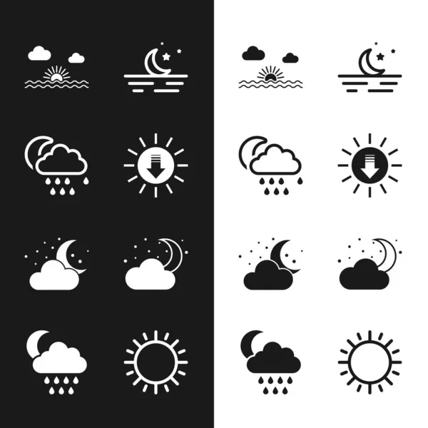 Sonnenuntergang, Wolken mit Regen und Mond, Mondsterne und Symbole. Vektor — Stockvektor