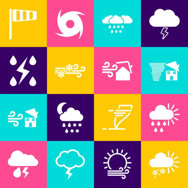 Set Cloudy with snow, rain and sun, Tornado swirl, Wind, Storm, Cone windsock wind vane and icon. Vector — Stockvektor
