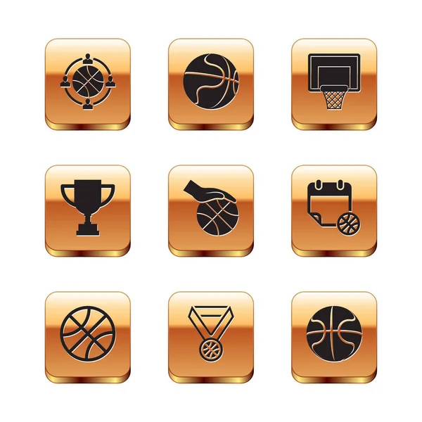 Set Planning strategy, Basketball ball, medal, Hand with basketball, Award cup, backboard, and icon. Vector — Stok Vektör