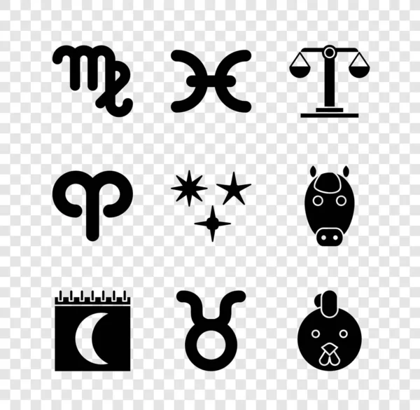 Set Virgo zodiac, Pisces, Libra, Moon phases calendar, Taurus, Rooster, Aries and Falling star icon. Vector — Stok Vektör