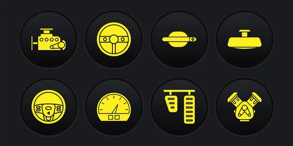 Set Steering wheel, Car mirror, Speedometer, gas and brake pedals, door handle, engine and icon. Vector — Image vectorielle