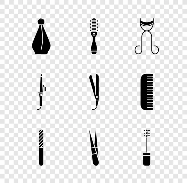 Set Perfume, Hairbrush, Eyelash curler, Nail file, Eyebrow tweezers, Mascara, Curling iron and icon. Vector — Stock Vector