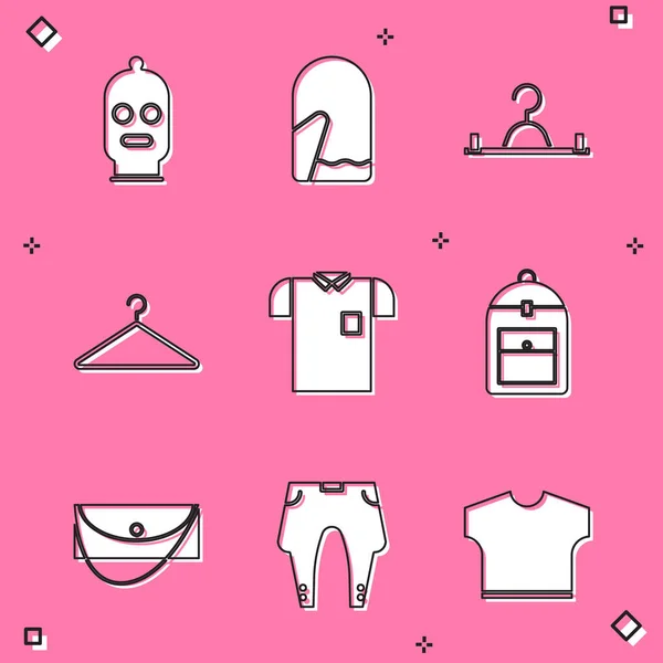Set Balaclava, Christmas mitten, Hanger wardrobe, Polo shirt, Backpack, Clutch bag and Pants icon. Vector —  Vetores de Stock