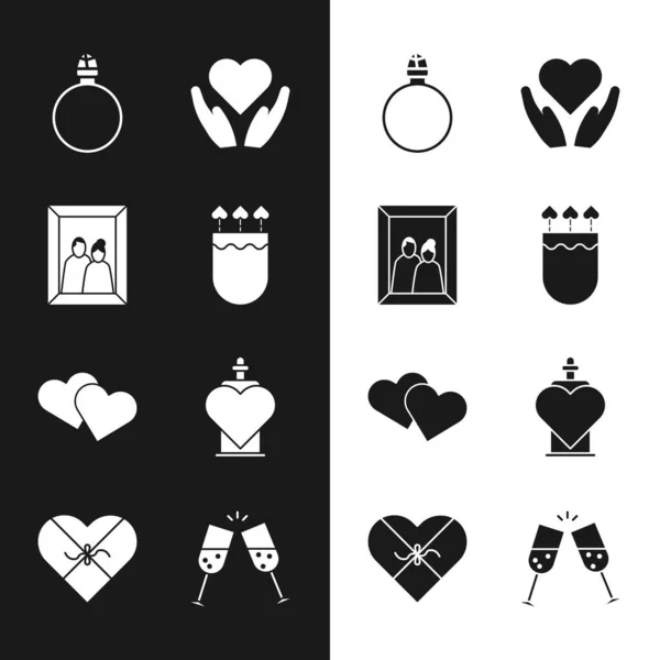 Set Quiver and arrows with heart, Picture frame, Diamond engagement ring, Heart hand, Bottle love potion, Glass of champagne and Candy shaped box icon. Vector — Stock vektor