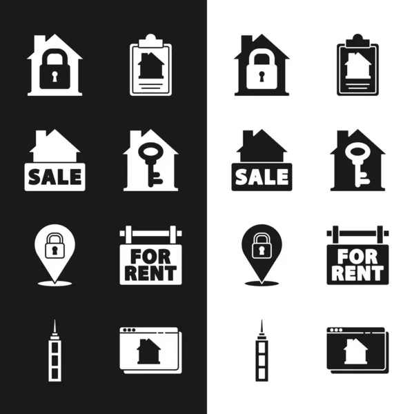 Set House with key, Hanging sign Sale, under protection, contract, Location lock, For Rent, Online real estate house and Skyscraper icon. Vector — Stock Vector