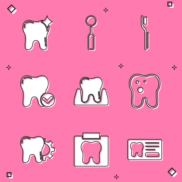 Set Tooth whitening, Dental inspection mirror, Toothbrush, concept, with caries, treatment procedure and X-ray of tooth icon. Vector — Vector de stock