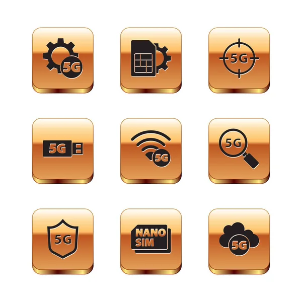 Set Setting 5G network, Protective shield, Nano Sim Card, modem, Cloud and card setting icon. Vector — Stockvector