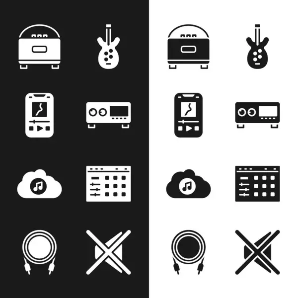 Set Guitar amplifier, Music player, Stereo speaker, Electric bass guitar, streaming service, Drum machine, Speaker mute and Audio jack icon. Vector —  Vetores de Stock