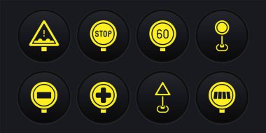 Set Stop sign, Road traffic, Hospital road, Triangle warning blank, Speed limit, Pedestrian crosswalk and Uneven ahead icon. Vector