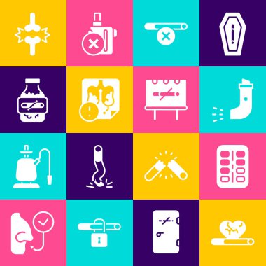 Kalp rahatsızlığı, sigara, nikotin sakız, astım ilacı, hayır, hastalık akciğerleri, eklem ağrısı, diz ağrısı ve ikon. Vektör