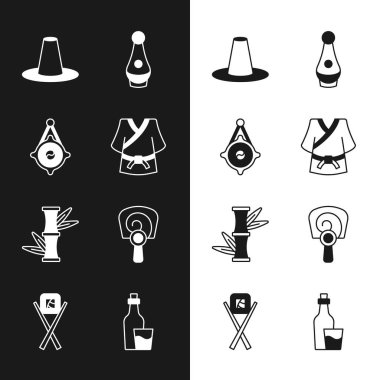 Set Kimono, Korean lantern, hat, Soju bottle, Bamboo, hand fan, and Sushi with chopsticks icon. Vector