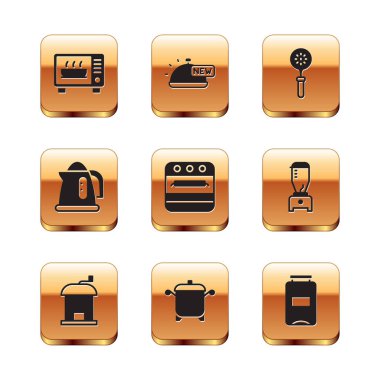 Mikrodalga fırın, manuel kahve öğütücü, fırın, elektrikli çaydanlık, Spatula, reçel kavanozu ve tepsi yemek ikonu ile kaplanmış. Vektör