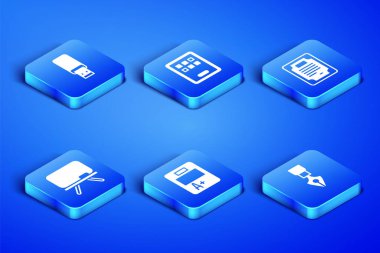 Çeşme kalem ucunu, USB flash diski, A + dereceli sınav kağıdını, karton tahtasını, grafik tabletini ve sertifika şablon simgesini ayarla. Vektör