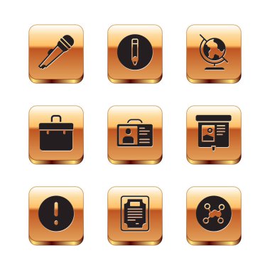 Mikrofon, konuşma balonu ve ünlem, sertifika şablonu, kimlik kartı, evrak çantası, dünya küresi, kimyasal formül ve kalem simgesini ayarlayın. Vektör