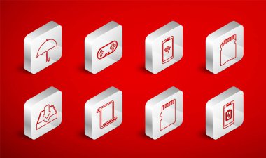 Akıllı telefon pili, Gamepad, kablosuz, SD kart, Mikro hafıza, Şemsiye, Kağıt kaydırma ve Gelen Kutusu simgesi yükle. Vektör