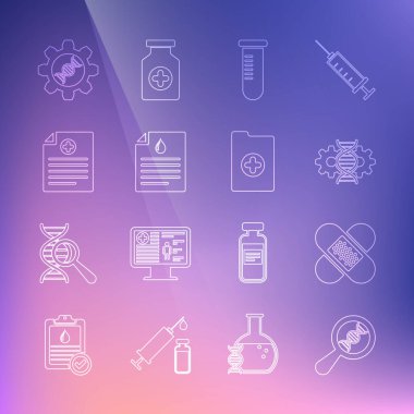 DNA araştırması, arama, çapraz bandaj bandı, gen düzenleme, tüp ya da matara kan testi, klinik kaydı, genetik mühendislik ve ikon içeren pano. Vektör