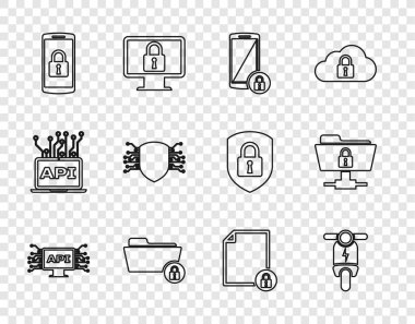 Bilgisayar arayüzü, elektrikli scooter, kilitlenmiş akıllı telefon, dizin ve Siber güvenlik, Belge ve FTP dizin simgesini ayarla. Vektör