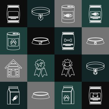 Kedi, tasma, evcil hayvan kasesi, konserve ve evcil hayvan ikonu için yiyecek torbası hazırlayın. Vektör