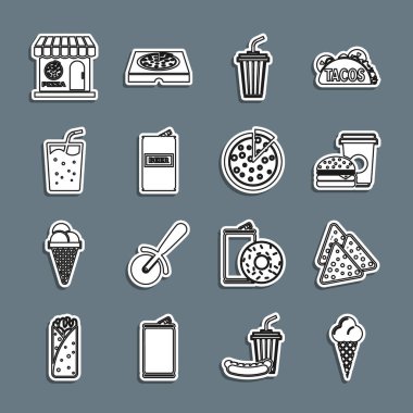 Set line Ice cream in waffle cone, Nachos, Coffee and burger, Glass with water, Beer can, Pizzeria building facade and Pizza icon. Vector