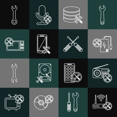 Hat yönlendirici kablosuz bağlantısını hizmet, Radyo, Elektrik Bankası, Veritabanı sunucusu, Akıllı Telefon, Mikrodalga fırın, Anahtarlık ve Çapraz Tornavida simgesi ile ayarla. Vektör