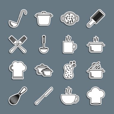 Şef şapkası, tencere, çorba, mutfak kepçesi, çapraz çatal ve kahve kupası ikonu. Vektör