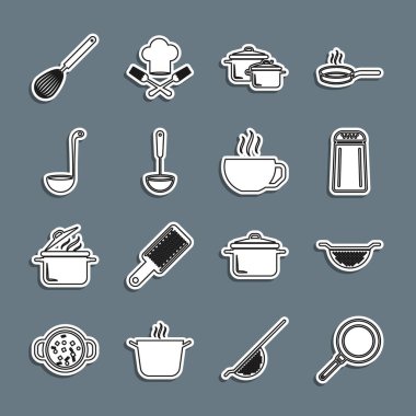 Kızartma tavası, mutfak süzgeci, tuzlu biber, tencere, kepçe, çırpma ve kahve bardağı ikonu. Vektör