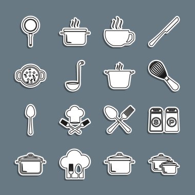 Set line Cooking pot, Salt and pepper, Kitchen whisk, Coffee cup, ladle, soup, Frying pan and icon. Vector