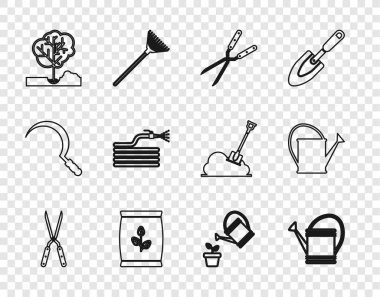 Hat, bahçe makası, su kovası, gübre torbası, ağaç dikme, hortum, yangın hortumu ve ikon. Vektör