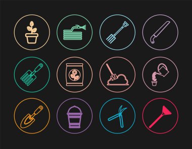 Yapraklar için bahçe tırmığı, su kovası, yaba, gübre torbası, saksı, kürek ve yangın hortumu ikonu. Vektör