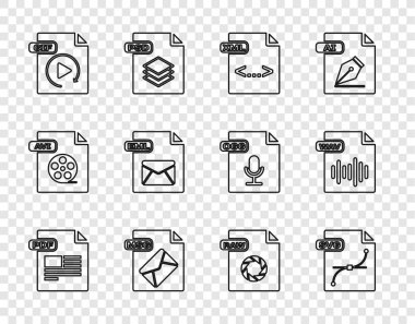 Satır PDF dosya belgesi, SVG, XML, MSG, GIF, EML, RAW ve WAV simgesini ayarla. Vektör
