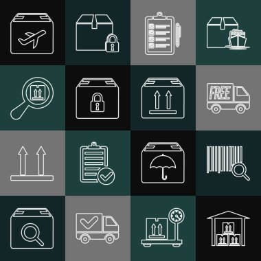 Depo, Arama barkodu, ücretsiz teslimat servisi, listenin doğrulanması, kilitli paket, uçak ve karton kutu ve trafik ikonlu mukavva. Vektör