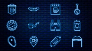 Sıralı kamp çadırı, bira kutusu, Aziz Patrick günü takvimi, tüttürme piposu, şişe kapağı, bir bardak biralı tabela, Lederhosen ve Hotdog sandviç ikonu. Vektör