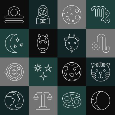Güneş tutulması, Kaplan burcu, Aslan, Ay, At ve yıldızlar, Terazi ve Koç ikonu. Vektör