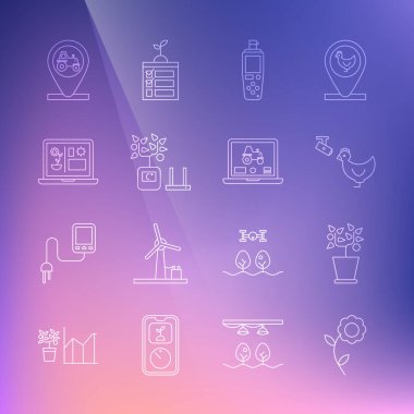 Flower, Plant in pot, Chicken çiftliği ve kamera, taşınabilir sensör, akıllı tarım teknolojisi, traktör konumu ve akıllı ikon için dizüstü bilgisayar uygulaması. Vektör