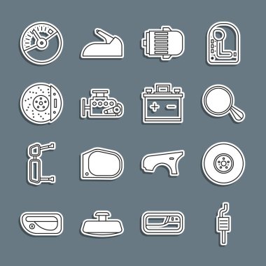 Hat arabası susturucusu, fren diski, ayna, elektrikli motor, kalibre, hız göstergesi ve pil simgesiyle ayarlayın. Vektör