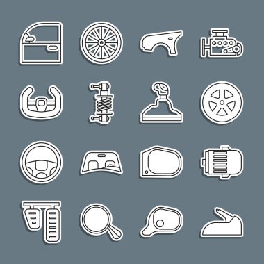 Hat çizgisi el freni, elektrik motoru, tekerlek, çamurluk, şok emici, spor direksiyon, kapı ve vites kutusu simgesi. Vektör