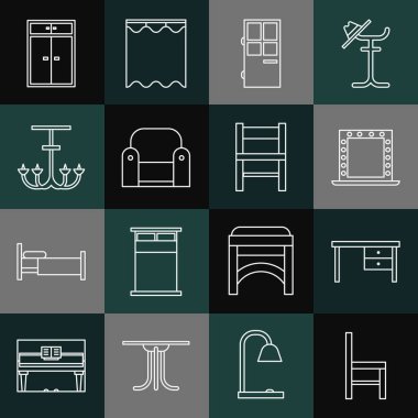 Sıralı sandalye, ofis masası, ışıklı makyaj aynası, kapalı kapı, Kol Sandalyesi, Avize, Gardırop ve ikon. Vektör